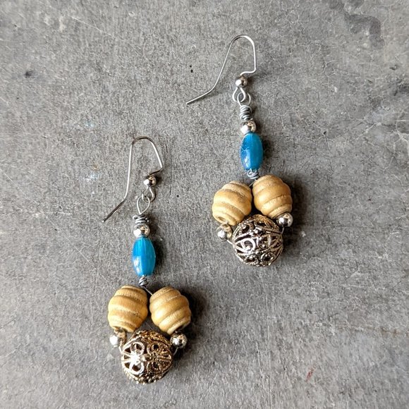Handmade Teal and Tan Beaded Dangle Drop Earrings - Picture 6 of 6